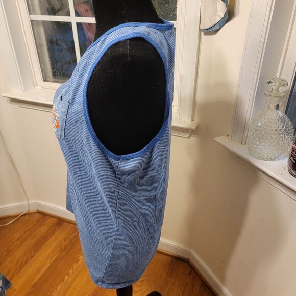 Womens Split Tank Top Blue Stripes Pocket With Orange Text Size Medium‎ - Picture 6 of 7